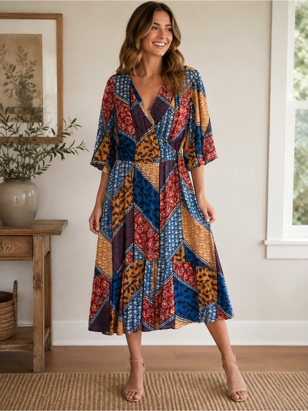 Democracy Patchwork Faux Wrap Midi Dress XL